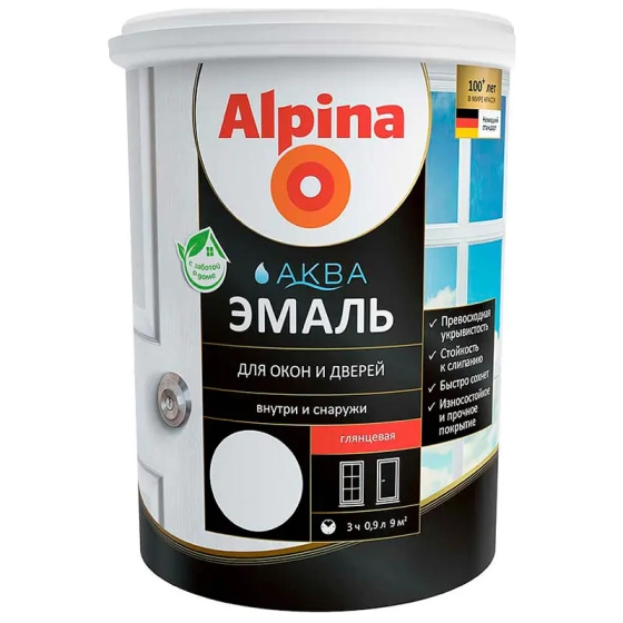 Эмаль alpina Аква для окон и дверей белая 0,9 л #em26 Эмаль alpina Аква для окон и дверей белая 0,9 л #em26